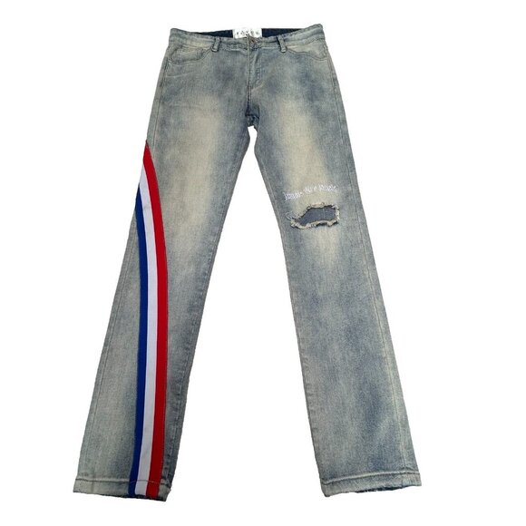 Rêves Distressed Faded Denim Jeans Size 30 French Flag Stripes Patch Embroidered - Picture 1 of 13